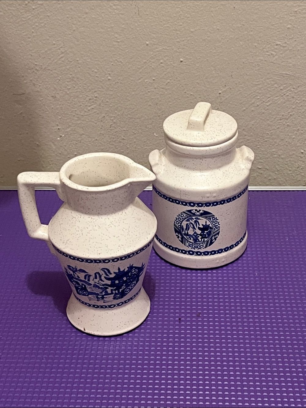 Blue and White Ceramic Pitcher and Canister Set USA